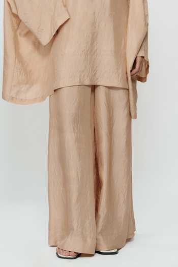 AK-OK Beige Silk Round Neck Kaftan And Broad Pant Set at Aza Fashions AK-OK_Beige Silk Round Neck Kaftan And Broad Pant Set _at_Aza_Fashions