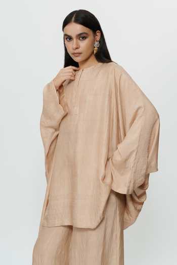 Buy AK-OK Beige Silk Round Neck Kaftan And Broad Pant Set Buy_AK-OK_Beige Silk Round Neck Kaftan And Broad Pant Set