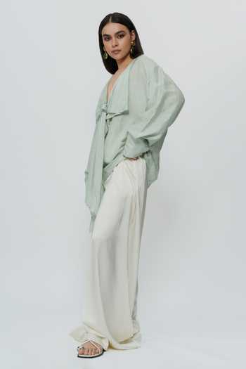 AK-OK Green Silk Plunge Neck Draped Shirt Online at Aza Fashions AK-OK_Green Silk Plunge Neck Draped Shirt _Online_at_Aza_Fashions