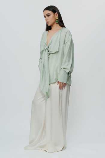 Buy AK-OK Green Silk Plunge Neck Draped Shirt Online at Aza Fashions Buy_AK-OK_Green Silk Plunge Neck Draped Shirt _Online_at_Aza_Fashions