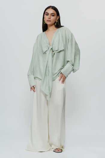 Shop AK-OK Green Silk Plunge Neck Draped Shirt Online at Aza Fashions Shop_AK-OK_Green Silk Plunge Neck Draped Shirt _Online_at_Aza_Fashions