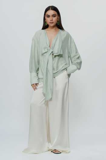 AK-OK Green Silk Plunge Neck Draped Shirt at Aza Fashions AK-OK_Green Silk Plunge Neck Draped Shirt _at_Aza_Fashions