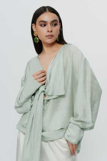 Buy AK-OK Green Silk Plunge Neck Draped Shirt Buy_AK-OK_Green Silk Plunge Neck Draped Shirt