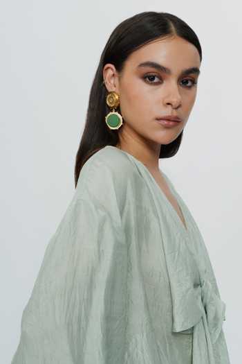 Shop AK-OK Green Silk Plunge Neck Draped Shirt Shop_AK-OK_Green Silk Plunge Neck Draped Shirt