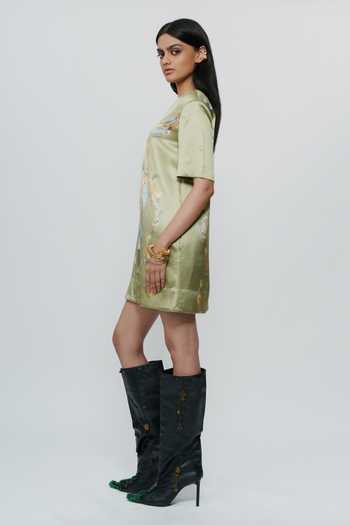 AK-OK_Green Silk Round Neck Printed Dress _Online_at_Aza_Fashions