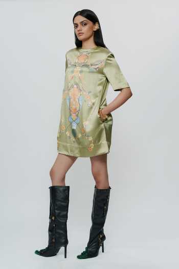 Buy_AK-OK_Green Silk Round Neck Printed Dress _Online_at_Aza_Fashions
