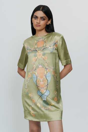 Shop_AK-OK_Green Silk Round Neck Printed Dress _Online_at_Aza_Fashions