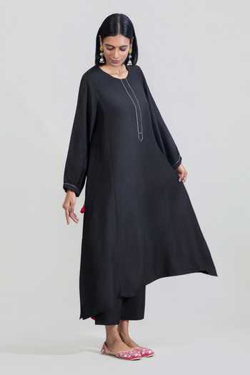 Buy_Tuli_Black Silk, Cotton Round Neck, Yes Meira Dola Kurta Set _Online_at_Aza_Fashions