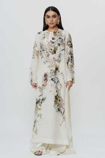AK-OK_Multi Color Silk, Cotton Keyhole Neck, Yes Abstract Print Kurta And Trouser Set _at_Aza_Fashions