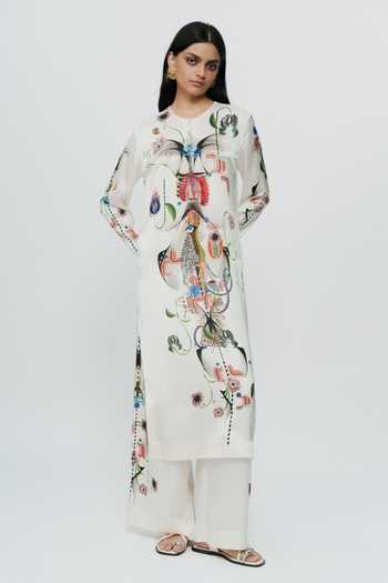 AK-OK_Off White Silk Round Neck Astral Print Kurta And Trouser Set _at_Aza_Fashions