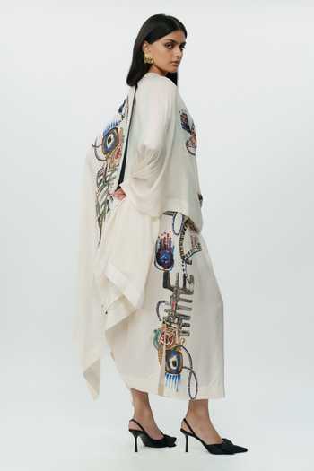 AK-OK Off White Silk, Cotton Scoop Neck Astral Print Cape And Lungi Skirt Set Online at Aza Fashions AK-OK_Off White Silk, Cotton Scoop Neck Astral Print Cape And Lungi Skirt Set _Online_at_Aza_Fashions