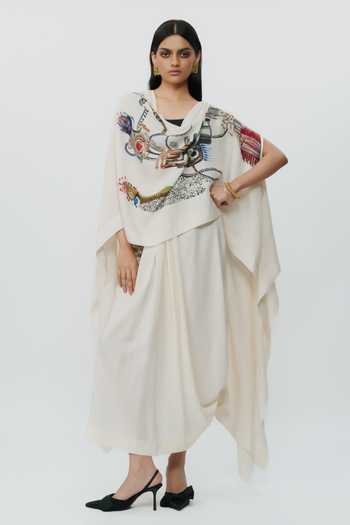 Shop AK-OK Off White Silk, Cotton Scoop Neck Astral Print Cape And Lungi Skirt Set Online at Aza Fashions Shop_AK-OK_Off White Silk, Cotton Scoop Neck Astral Print Cape And Lungi Skirt Set _Online_at_Aza_Fashions