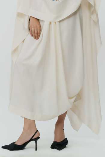 AK-OK Off White Silk, Cotton Scoop Neck Astral Print Cape And Lungi Skirt Set at Aza Fashions AK-OK_Off White Silk, Cotton Scoop Neck Astral Print Cape And Lungi Skirt Set _at_Aza_Fashions