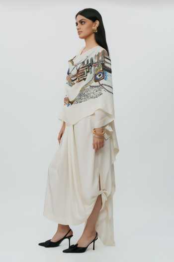 Buy AK-OK Off White Silk, Cotton Scoop Neck Astral Print Cape And Lungi Skirt Set Buy_AK-OK_Off White Silk, Cotton Scoop Neck Astral Print Cape And Lungi Skirt Set