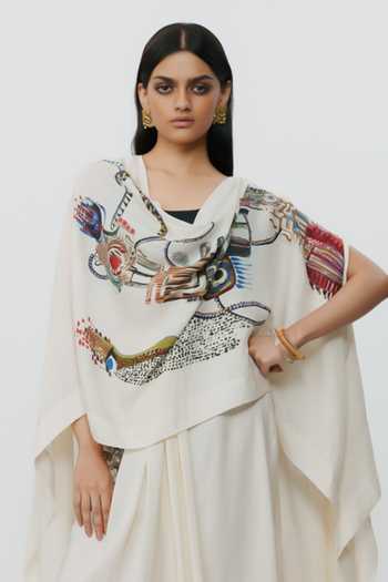 Shop AK-OK Off White Silk, Cotton Scoop Neck Astral Print Cape And Lungi Skirt Set Shop_AK-OK_Off White Silk, Cotton Scoop Neck Astral Print Cape And Lungi Skirt Set