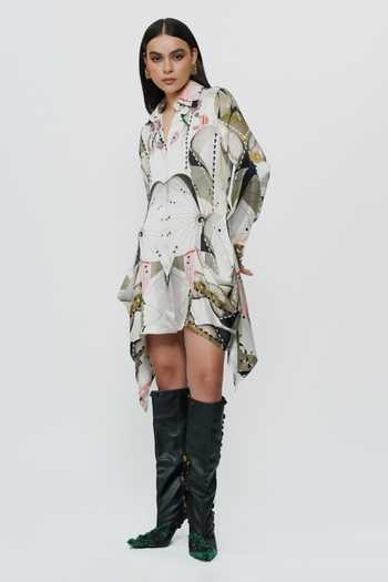 AK-OK_Multi Color Silk Collared Neck Astral Print Short Dress _Online_at_Aza_Fashions