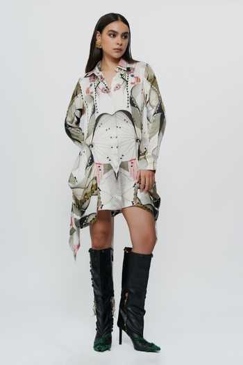 Buy_AK-OK_Multi Color Silk Collared Neck Astral Print Short Dress _Online_at_Aza_Fashions