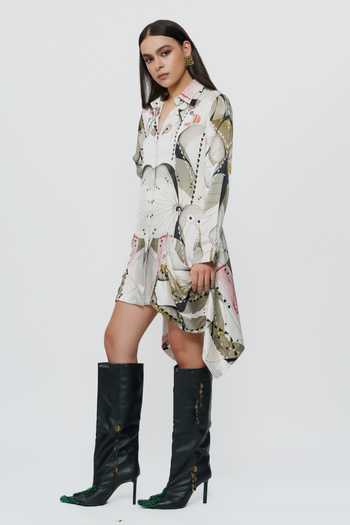 Shop_AK-OK_Multi Color Silk Collared Neck Astral Print Short Dress _Online_at_Aza_Fashions