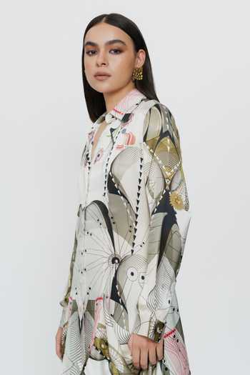 AK-OK_Multi Color Silk Collared Neck Astral Print Short Dress _at_Aza_Fashions