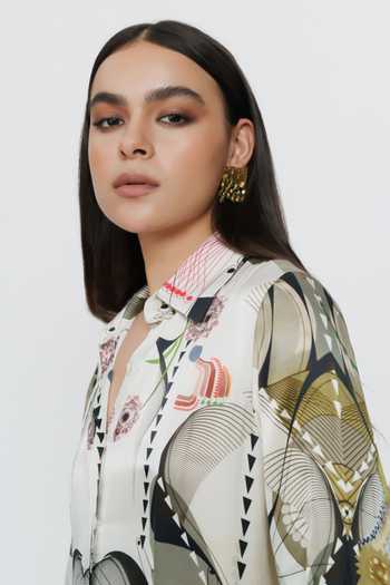 Buy_AK-OK_Multi Color Silk Collared Neck Astral Print Short Dress 