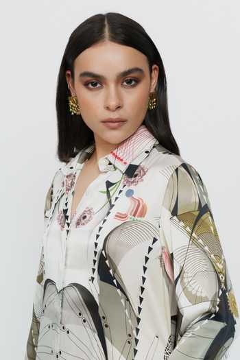 Shop_AK-OK_Multi Color Silk Collared Neck Astral Print Short Dress 