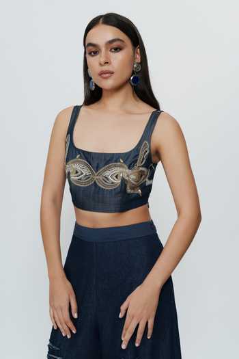 AK-OK Blue Denim Square Neck Hand Embroidered Threadwork Crop Top Online at Aza Fashions AK-OK_Blue Denim Square Neck Hand Embroidered Threadwork Crop Top _Online_at_Aza_Fashions
