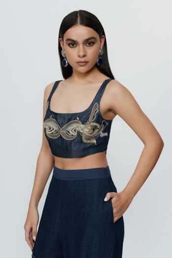 Buy AK-OK Blue Denim Square Neck Hand Embroidered Threadwork Crop Top Online at Aza Fashions Buy_AK-OK_Blue Denim Square Neck Hand Embroidered Threadwork Crop Top _Online_at_Aza_Fashions