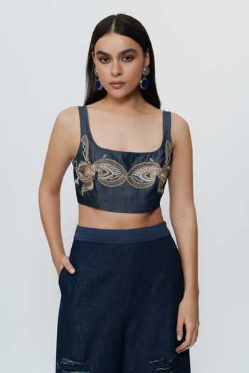 Shop AK-OK Blue Denim Square Neck Hand Embroidered Threadwork Crop Top Online at Aza Fashions Shop_AK-OK_Blue Denim Square Neck Hand Embroidered Threadwork Crop Top _Online_at_Aza_Fashions