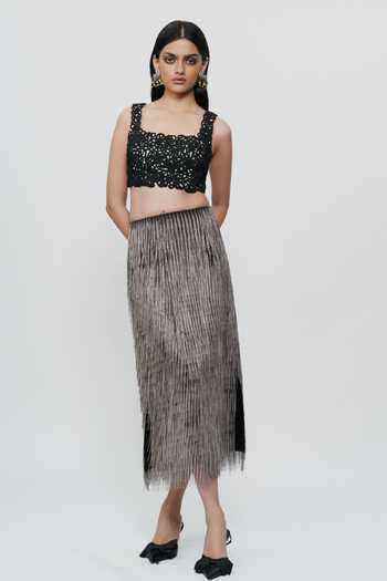 AK-OK_Black Silk Square Neck Lace Detailed Crop Top _Online_at_Aza_Fashions