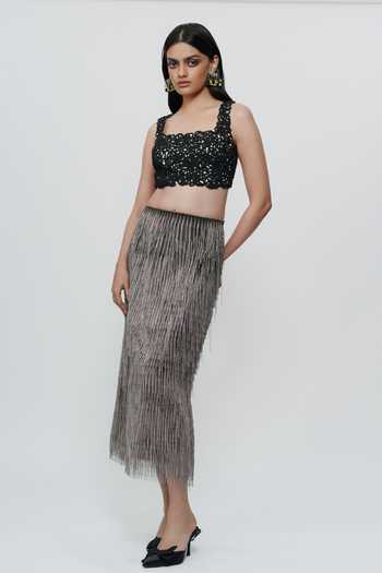 Shop_AK-OK_Black Silk Square Neck Lace Detailed Crop Top _Online_at_Aza_Fashions