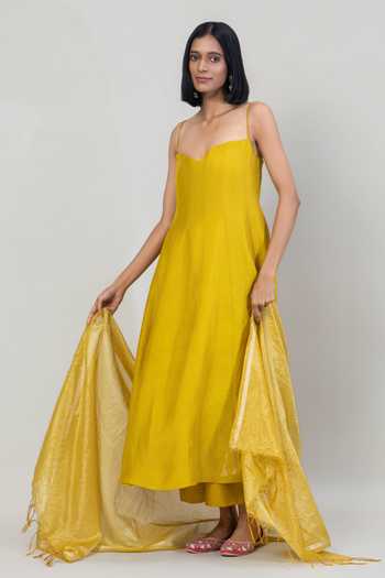 Tuli_Lime Silk, Cotton, Organza Sweetheart Neck Inara Dola Anarkali Set _at_Aza_Fashions