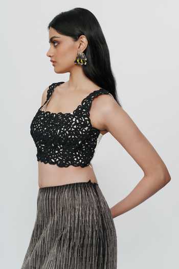 Buy_AK-OK_Black Silk Square Neck Lace Detailed Crop Top 