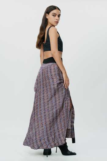 AK-OK Blue Silk Geometric Pattern Overlay Skirt at Aza Fashions AK-OK_Blue Silk Geometric Pattern Overlay Skirt _at_Aza_Fashions
