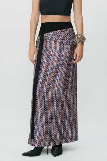 Buy AK-OK Blue Silk Geometric Pattern Overlay Skirt Buy_AK-OK_Blue Silk Geometric Pattern Overlay Skirt