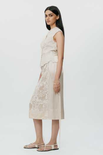 AK-OK_Off White Silk Lace Chikankari Midi Skirt _Online_at_Aza_Fashions