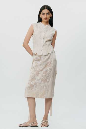 Shop_AK-OK_Off White Silk Lace Chikankari Midi Skirt _Online_at_Aza_Fashions