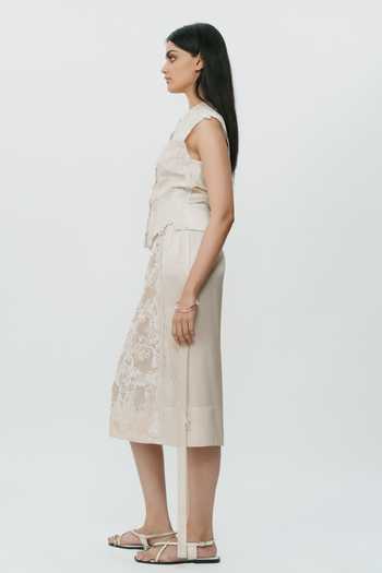 AK-OK_Off White Silk Lace Chikankari Midi Skirt _at_Aza_Fashions
