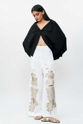 AK-OK_Off White Cotton Shredded Embroidered Pant _Online_at_Aza_Fashions