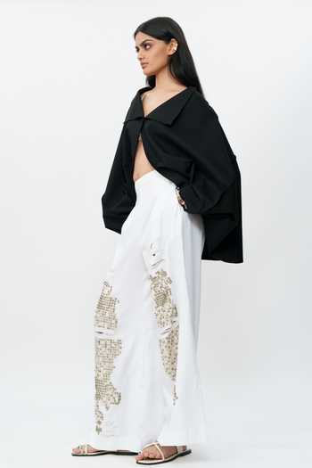 Buy_AK-OK_Off White Cotton Shredded Embroidered Pant _Online_at_Aza_Fashions