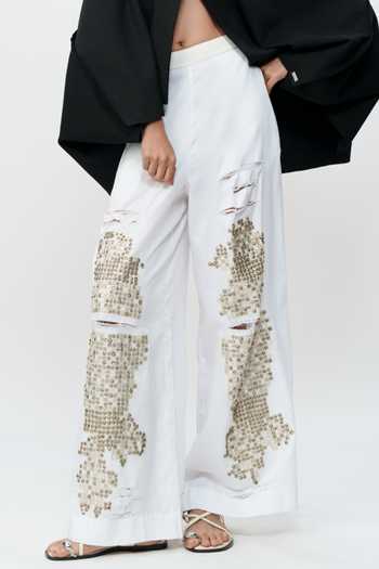 Shop_AK-OK_Off White Cotton Shredded Embroidered Pant _Online_at_Aza_Fashions