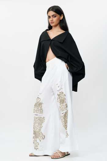 AK-OK_Off White Cotton Shredded Embroidered Pant _at_Aza_Fashions