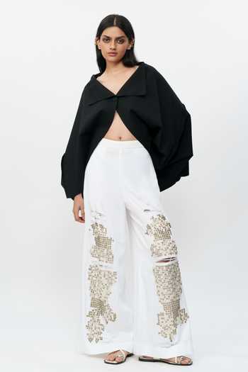 Buy_AK-OK_Off White Cotton Shredded Embroidered Pant 