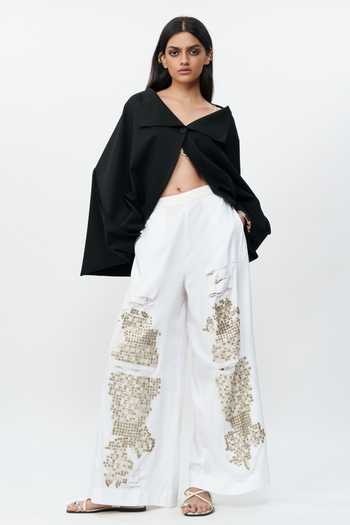 Shop_AK-OK_Off White Cotton Shredded Embroidered Pant 