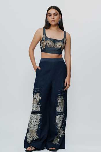 AK-OK_Blue Denim Hand Embroidered Mirrorwork Pant _Online_at_Aza_Fashions