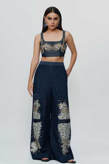 Buy_AK-OK_Blue Denim Hand Embroidered Mirrorwork Pant _Online_at_Aza_Fashions