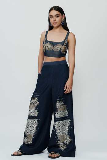 AK-OK Hand Embroidered Mirrorwork Denim Pant 