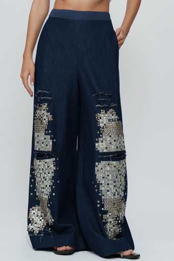 Shop_AK-OK_Blue Denim Hand Embroidered Mirrorwork Pant _Online_at_Aza_Fashions