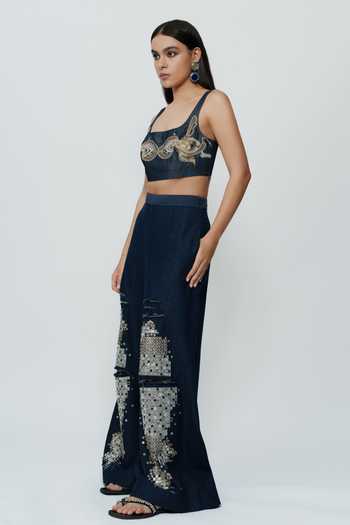 Buy_AK-OK_Blue Denim Hand Embroidered Mirrorwork Pant 