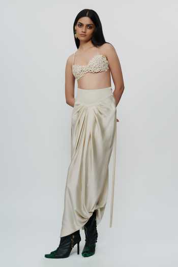 AK-OK Ivory Silk Draped Knotted Cord Waist Skirt Online at Aza Fashions AK-OK_Ivory Silk Draped Knotted Cord Waist Skirt _Online_at_Aza_Fashions