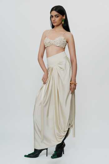 Shop AK-OK Ivory Silk Draped Knotted Cord Waist Skirt Online at Aza Fashions Shop_AK-OK_Ivory Silk Draped Knotted Cord Waist Skirt _Online_at_Aza_Fashions